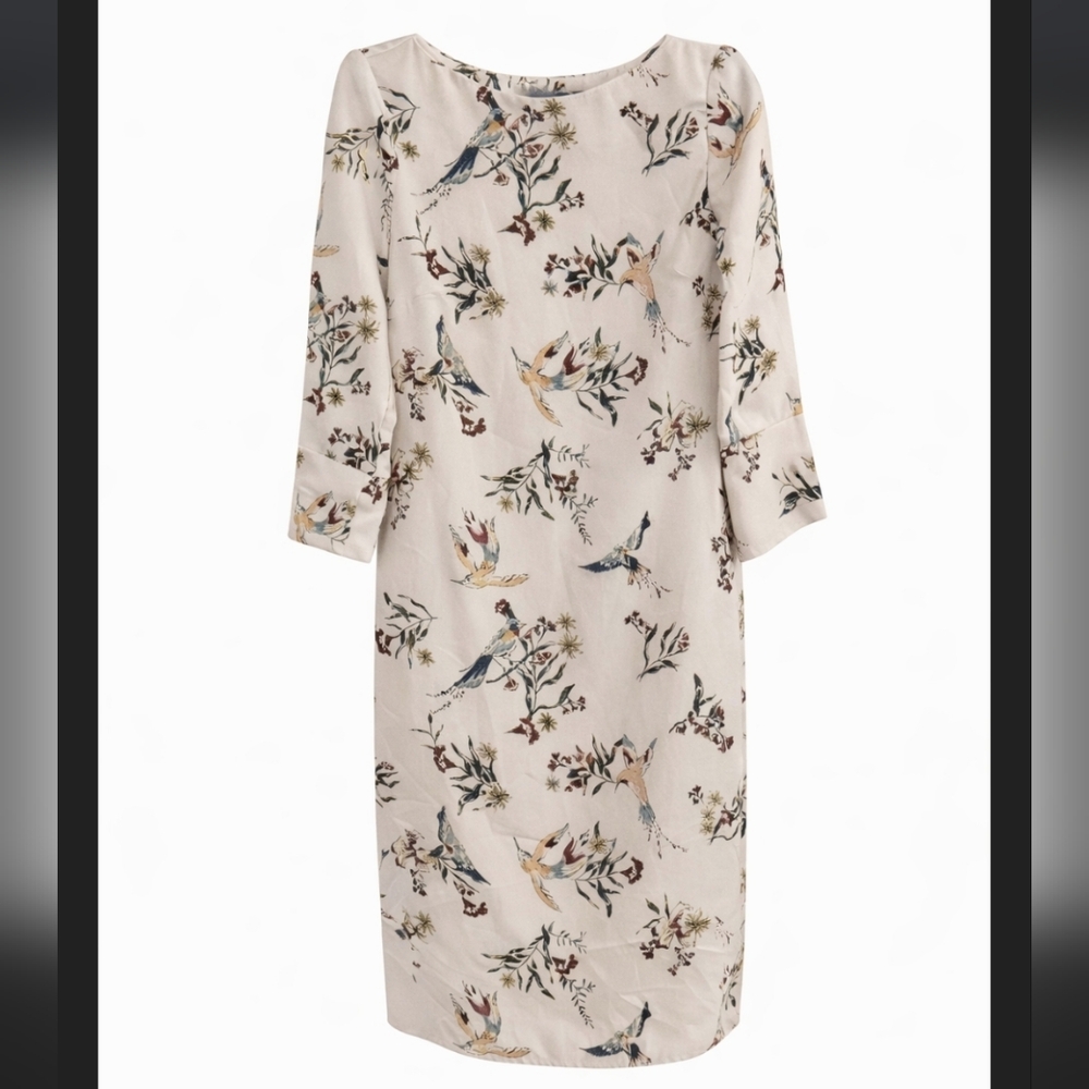 H&M Sheath Bird Print Floral Cottagecore Whimsical Dress Cream Size 0